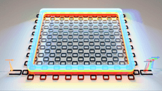 a graphic showing a chip with an array of rings that guides light and turns one color of light into many