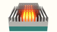 a graphic showing a chip with silver grooves guiding energy to a two-dimensional material
